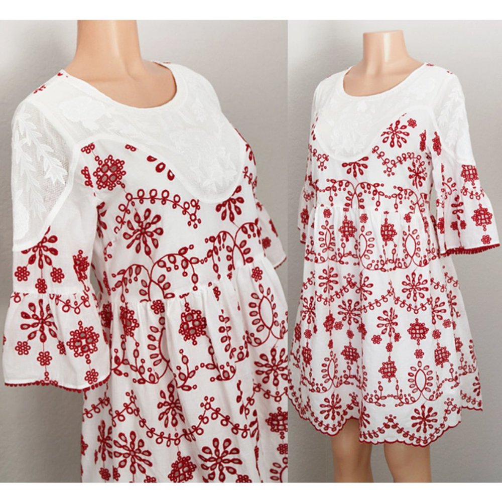 White Red Eyelet Embroidery 100% Cotton Cute Dress